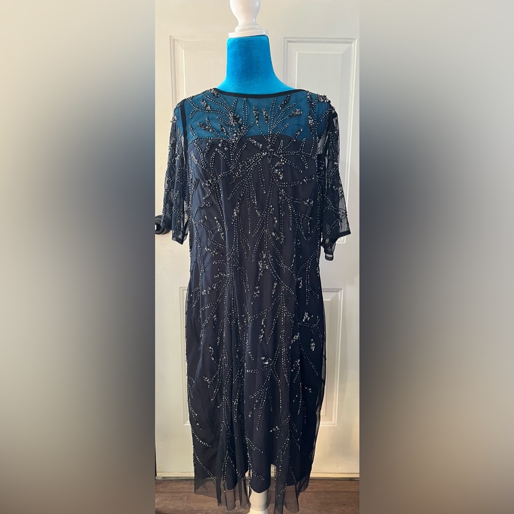 Adrianna Papell Navy Beaded Long Sleeve Dress